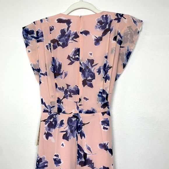 NWT Eliza J Floral Chiffon High-Low V-Neck Waist Tie Maxi Dress Pink Blue 2 - Picture 9 of 10